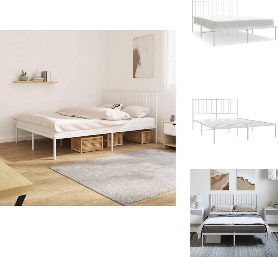 VidaXL Bedframe Bedframes Tweepersoonsbed Bed Bedframe met hoofdbord metaal wit 135x190 cm