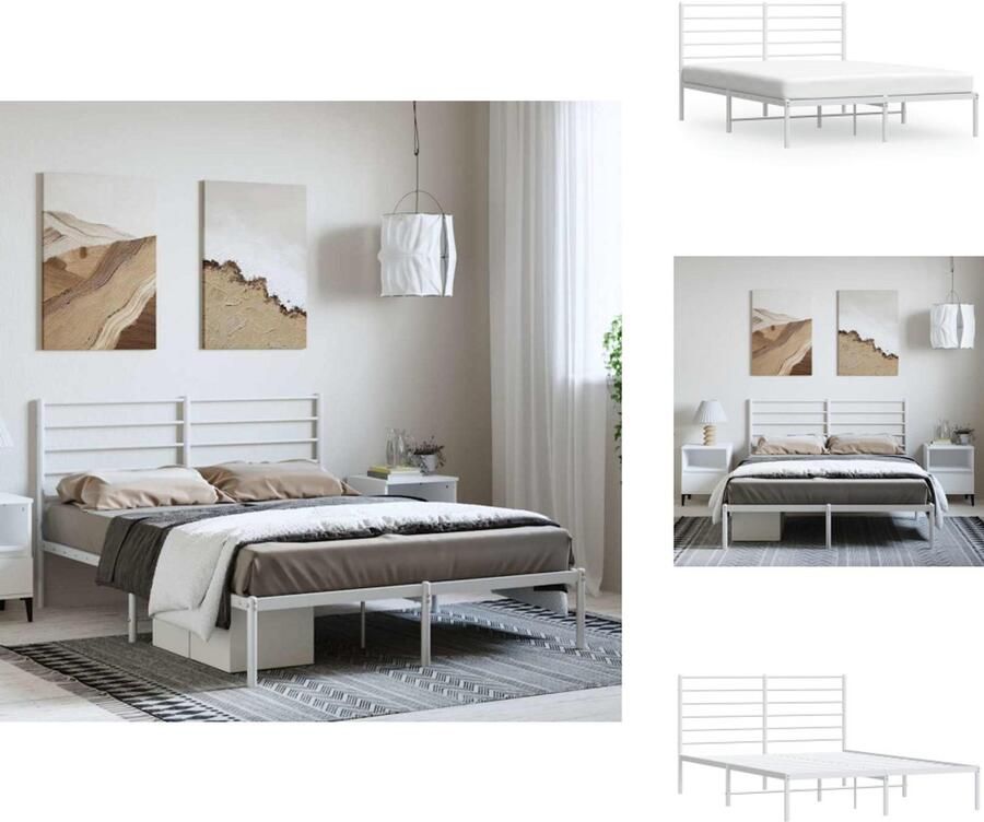 VidaXL Bedframe Bedframes Tweepersoonsbed Bed Bedframe met hoofdbord metaal wit 135x190 cm - Foto 4