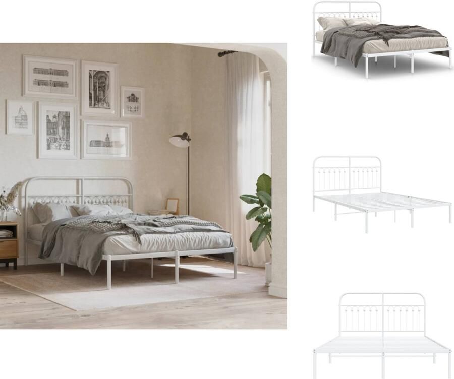 VidaXL Bedframe Bedframes Tweepersoonsbed Bed Bedframe met hoofdbord metaal wit 135x190 cm