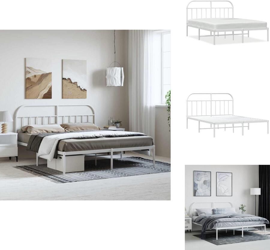 VidaXL Bedframe Bedframes Tweepersoonsbed Bed Bedframe met hoofdbord metaal wit 183x213 cm - Foto 3