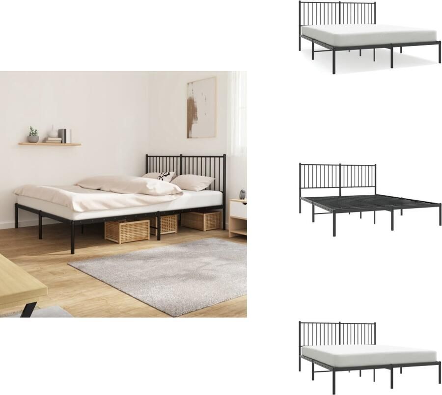 VidaXL Bedframe Bedframes Tweepersoonsbed Bed Bedframe met hoofdbord metaal zwart 150x200 cm - Foto 2
