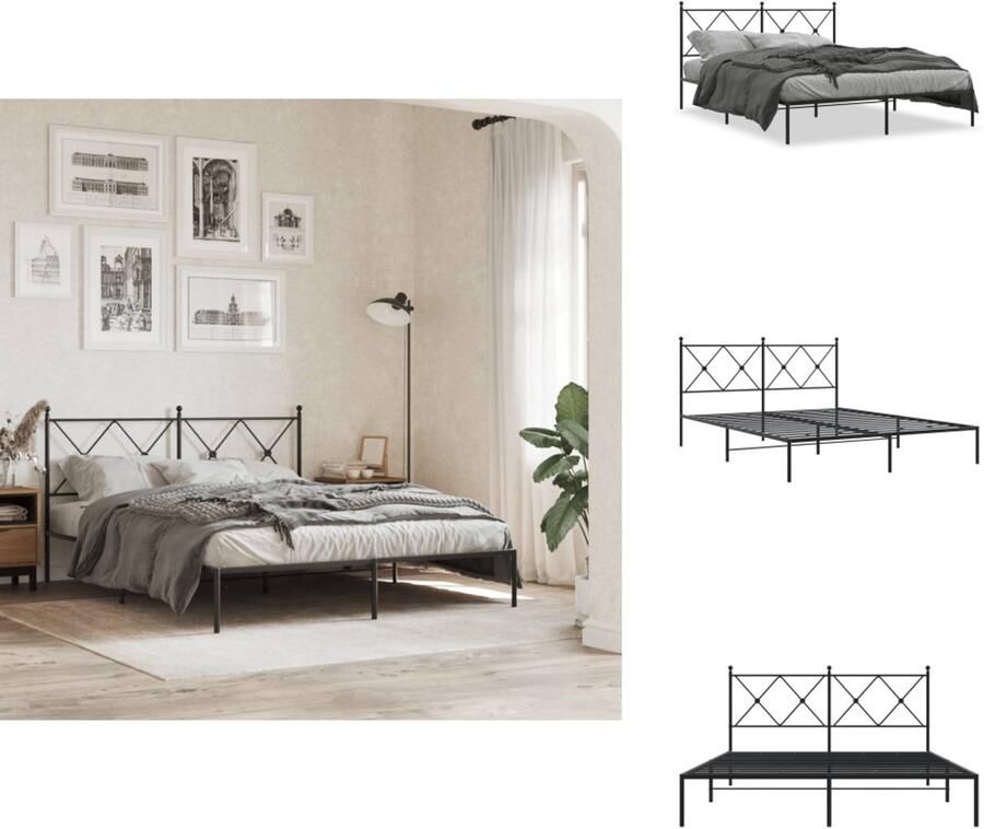 VidaXL Bedframe Bedframes Tweepersoonsbed Bed Bedframe met hoofdbord metaal zwart 150x200 cm - Foto 3