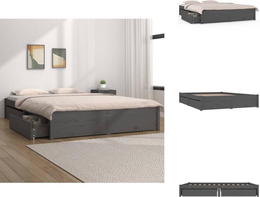 VidaXL Bedframe Massief Grenenhout 205.5 x 145.5 x 31 cm Met Opbergfunctie 4 Bedladen Grijs Bed - Foto 2