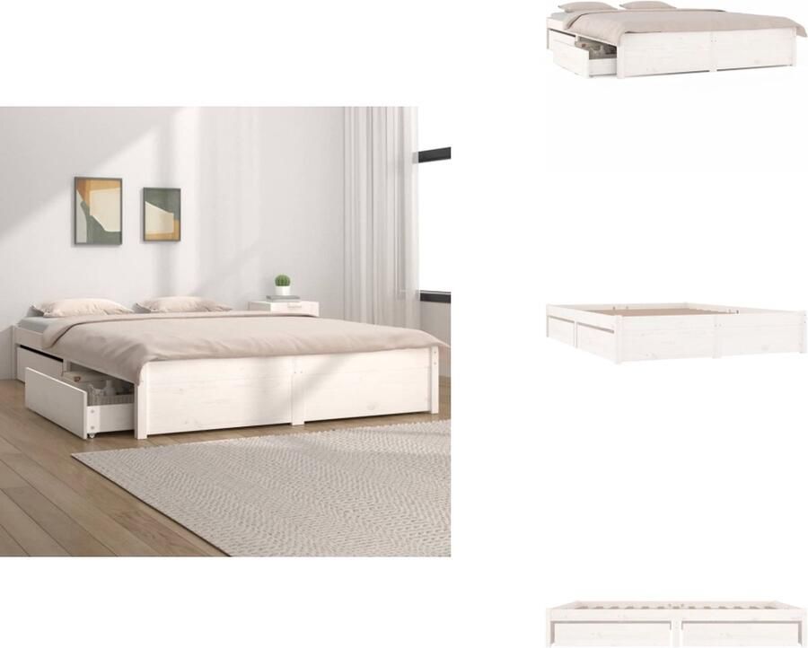 VidaXL Bedframe Grenenhout Wit 205.5x205.5x31cm Inclusief 4 bedlades Geschikt voor 200x200cm matras Bed