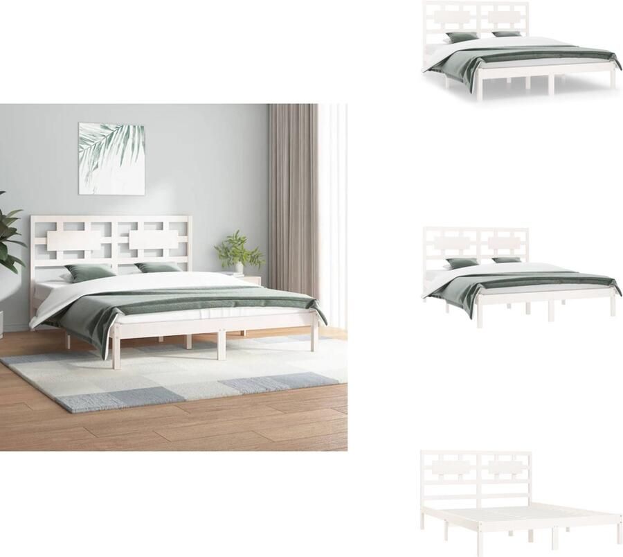 VidaXL Houten Bedframe Massief Grenenhout Bedframe Afmetingen- 205.5 x 145.5 x 31 cm Ken- Comfortabele ondersteuning Kleur- Wit Bed