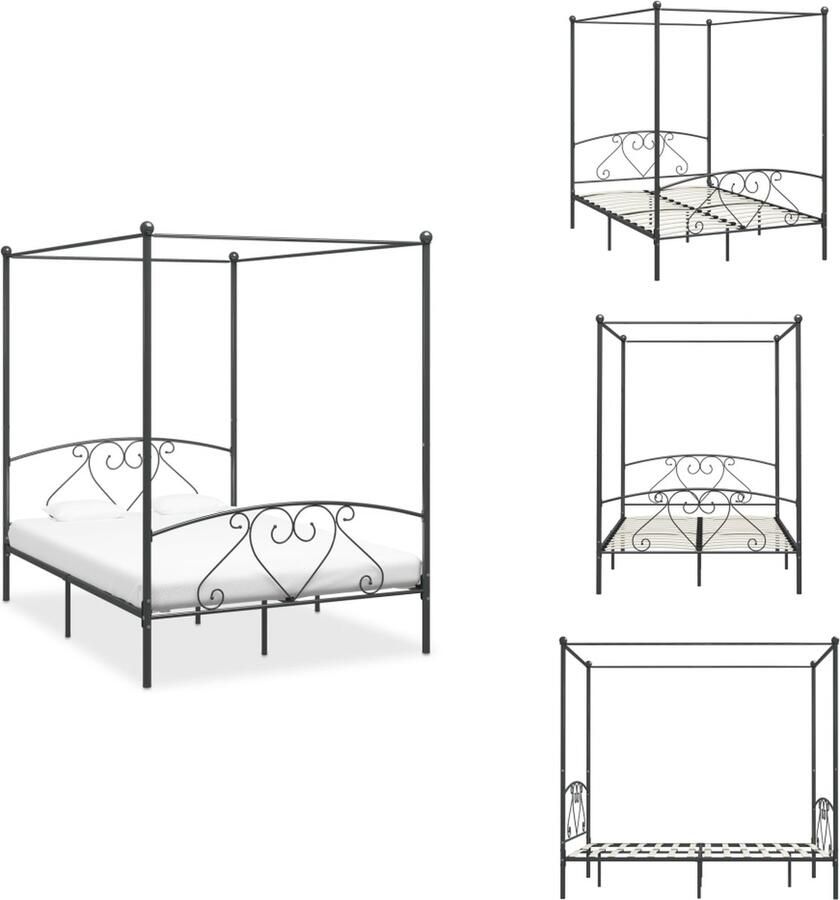 VidaXL Hemelbedframe Grijs Metaal 209 x 147.5 x 198 cm Massief en duurzaam Inclusief lattenbodem Geschikt voor matras 140 x 200 cm Bed