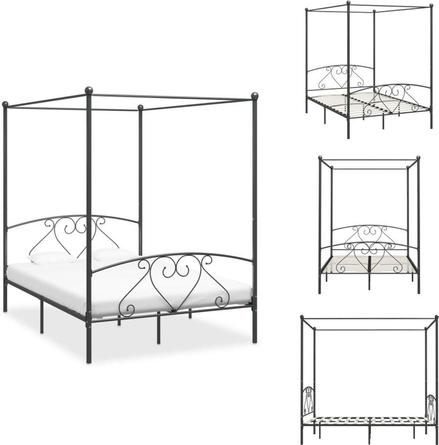 VidaXL Bedframe Bedframes Tweepersoonsbed Tweepersoonsbedden Hemelbedframe metaal grijs 160x200 cm
