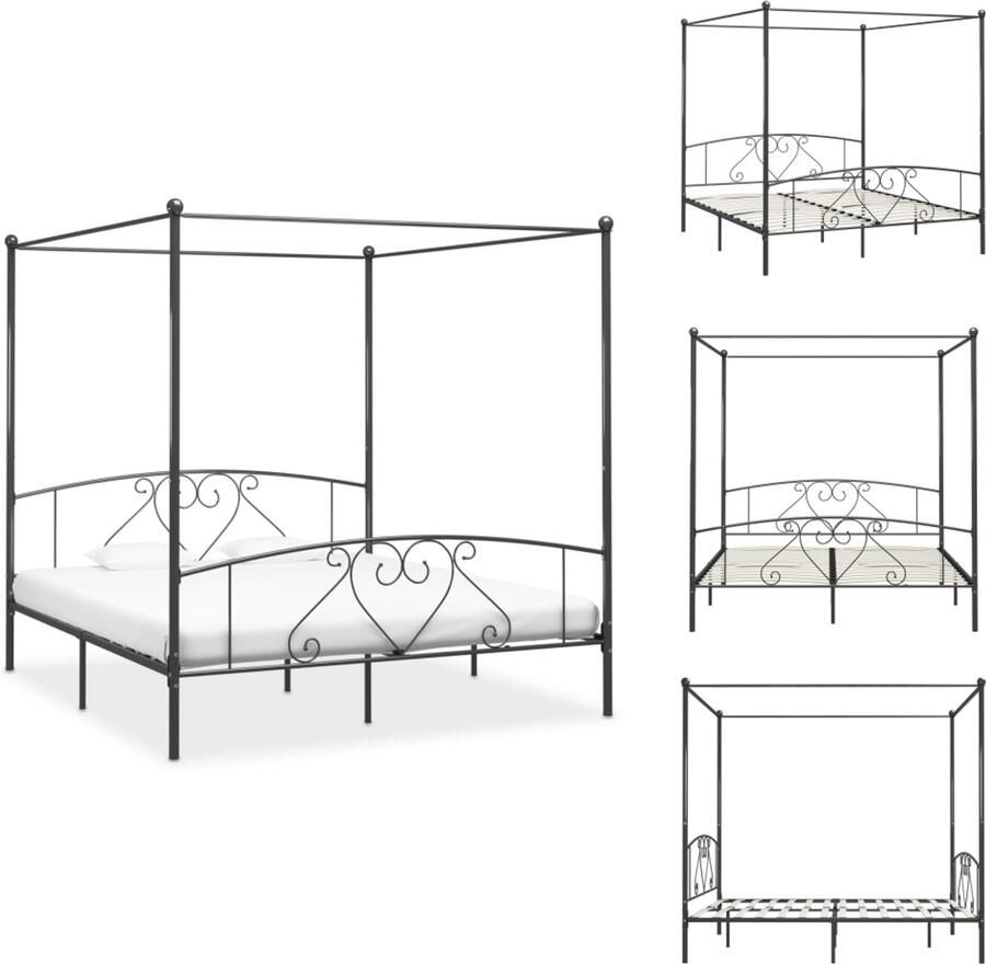 VidaXL Bedframe Bedframes Tweepersoonsbed Tweepersoonsbedden Hemelbedframe metaal grijs 200x200 cm
