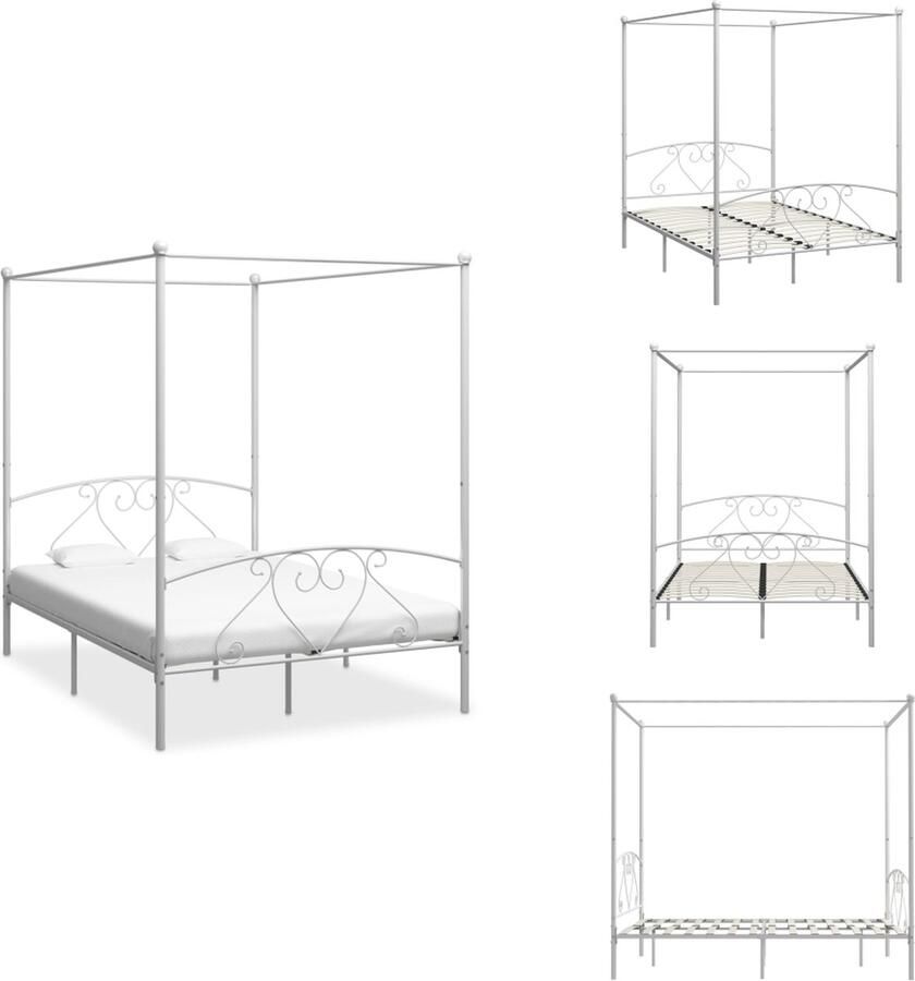 VidaXL Bedframe Bedframes Tweepersoonsbed Tweepersoonsbedden Hemelbedframe metaal wit 160x200 cm