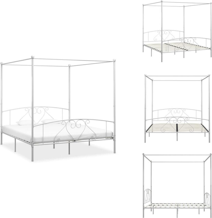 VidaXL Bedframe Bedframes Tweepersoonsbed Tweepersoonsbedden Hemelbedframe metaal wit 200x200 cm