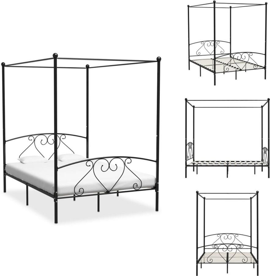VidaXL Bedframe Bedframes Tweepersoonsbed Tweepersoonsbedden Hemelbedframe metaal zwart 160x200 cm