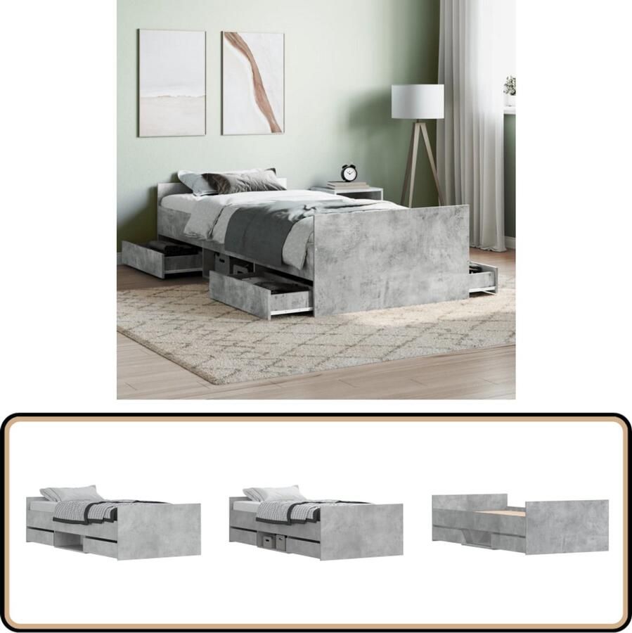 VidaXL Bedframe Betongrijs 100x200 cm Hout Beton Grijs Bed Frame Tweepersoons Bed Houten Bed Slaapcomfort Opbergruimte Bedbodems