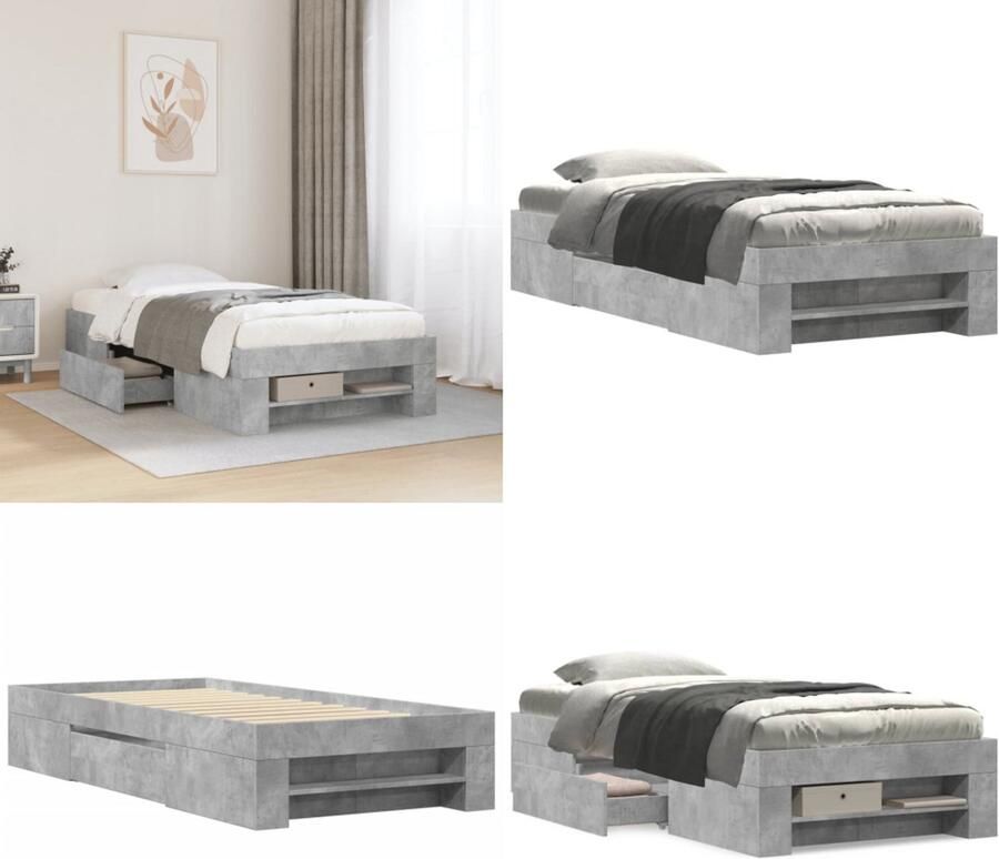 VidaXL Bedframe bewerkt hout betongrijs 100x200 cm Bedframe Bedframes Bed Bedbodem