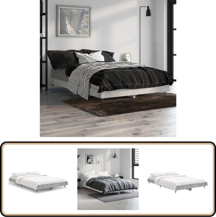VidaXL Bedframe Bewerkt Hout Betongrijs 120x190 cm Beton Grijs Bed Frame Houten Bed Frame Tweepersoons Bed Slaapcomfort Multipex Lattenbodem