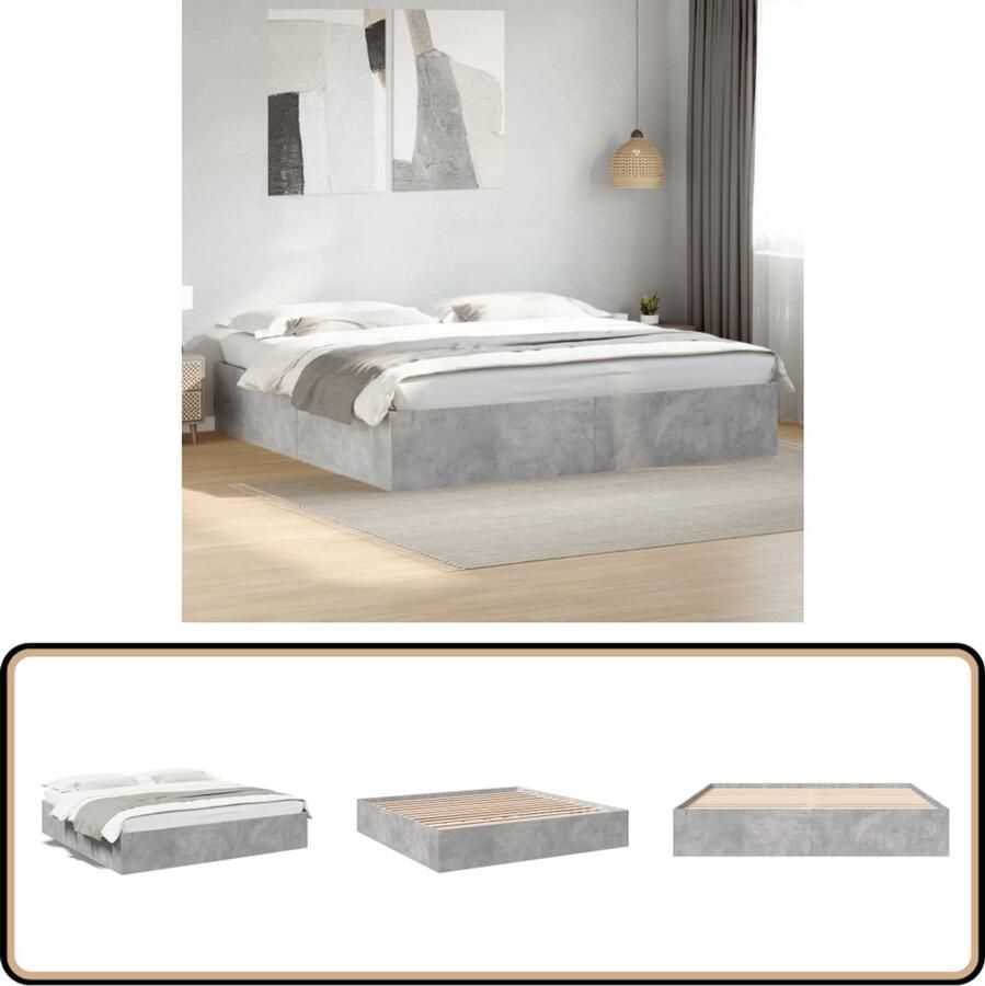 VidaXL Bedframe Bewerkt Hout Betongrijs 200x200 cm Modern Bed Frame Tweepersoons Bed Houten Bed Frame Betongrijs Bed Frame Lattenbodem