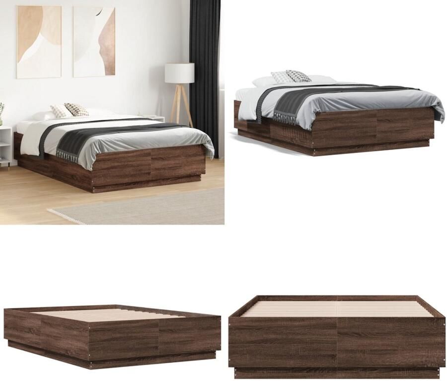 VidaXL Bedframe bewerkt hout bruin eikenkleur 135x190 cm Bedframe Bedframes Bed Bedbodem
