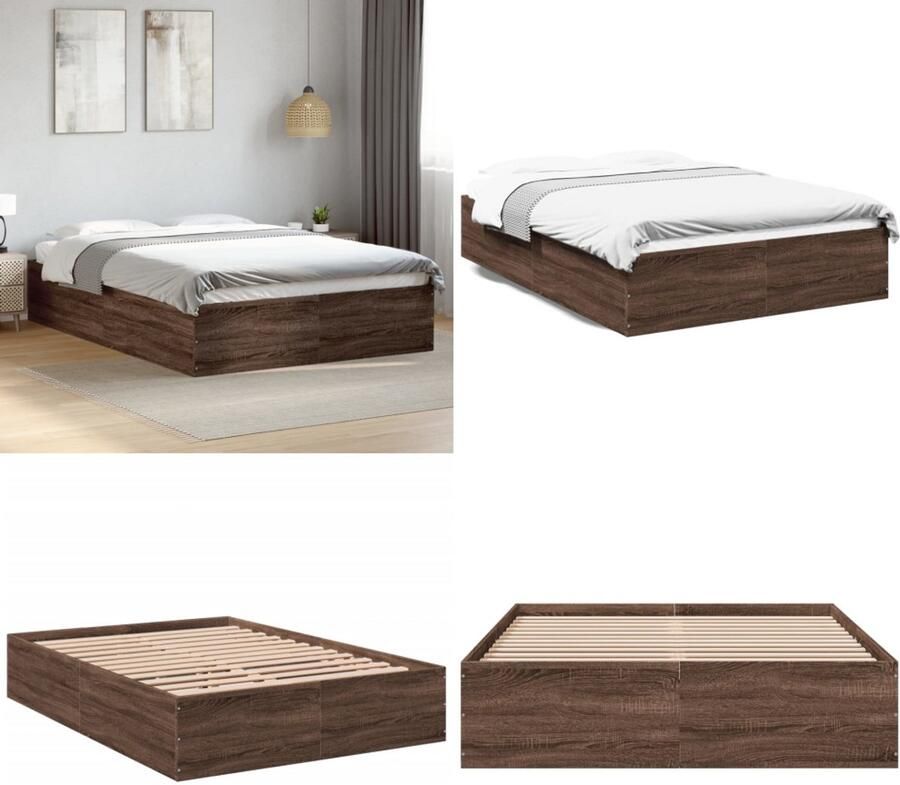 VidaXL Bedframe bewerkt hout bruin eikenkleur 135x190 cm Bedframe Bedframes Bed Bedbodem