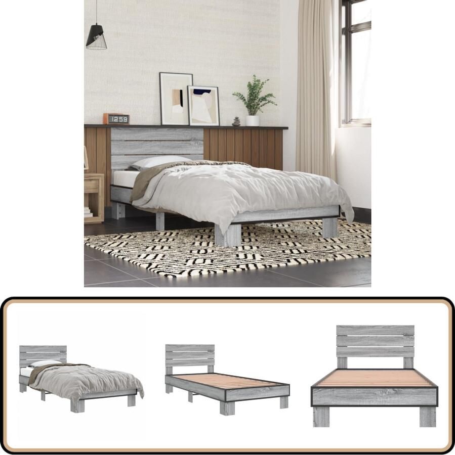 VidaXL Bedframe bewerkt hout en metaal grijs sonoma eiken 90x200 cm