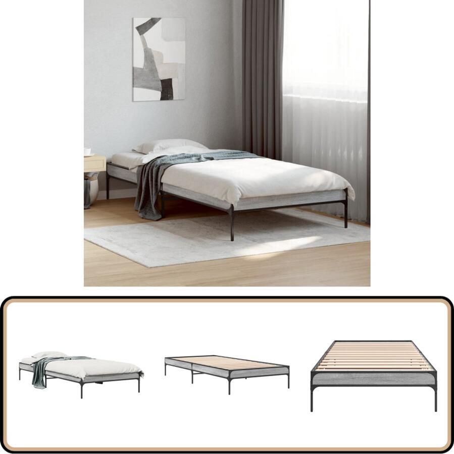VidaXL Bedframe bewerkt hout en metaal grijs sonoma eiken 90x200 cm