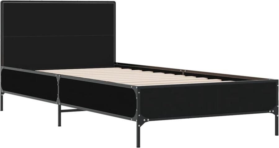 VidaXL -Bedframe-bewerkt-hout-en-metaal-zwart-90x200-cm - Foto 2