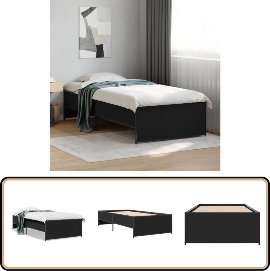 VidaXL -Bedframe-bewerkt-hout-en-metaal-zwart-90x200-cm - Foto 2