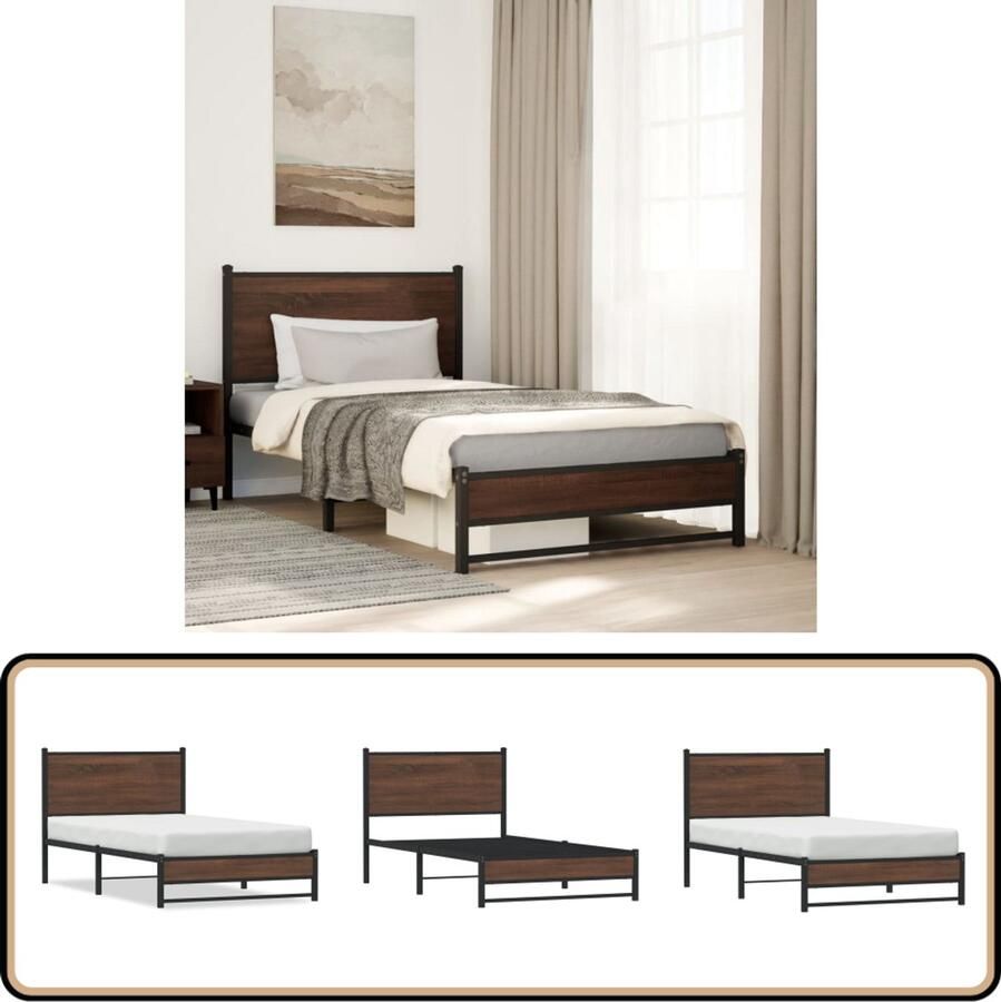 VidaXL Bedframe Bruin Eiken 107x203 cm Metaal Staal Bedframe Houten Bedframe Tweepersoons Bed Bruine Eiken Kleur Bed Met Opbergruimte