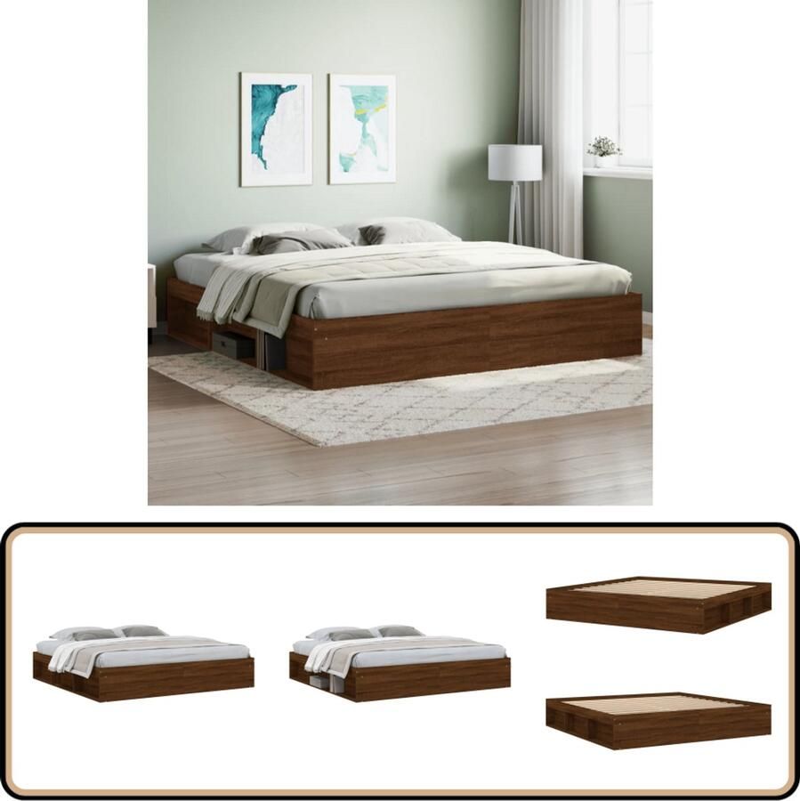 VidaXL Bedframe Bruin Eiken 200x200 cm Houten Bed Frame Tweepersoons Bed Bedframe Bruin Eiken Opbergruimte Bed Multipex Lattenbodem Design Bed Modern Bed Bedroom Furniture Bed
