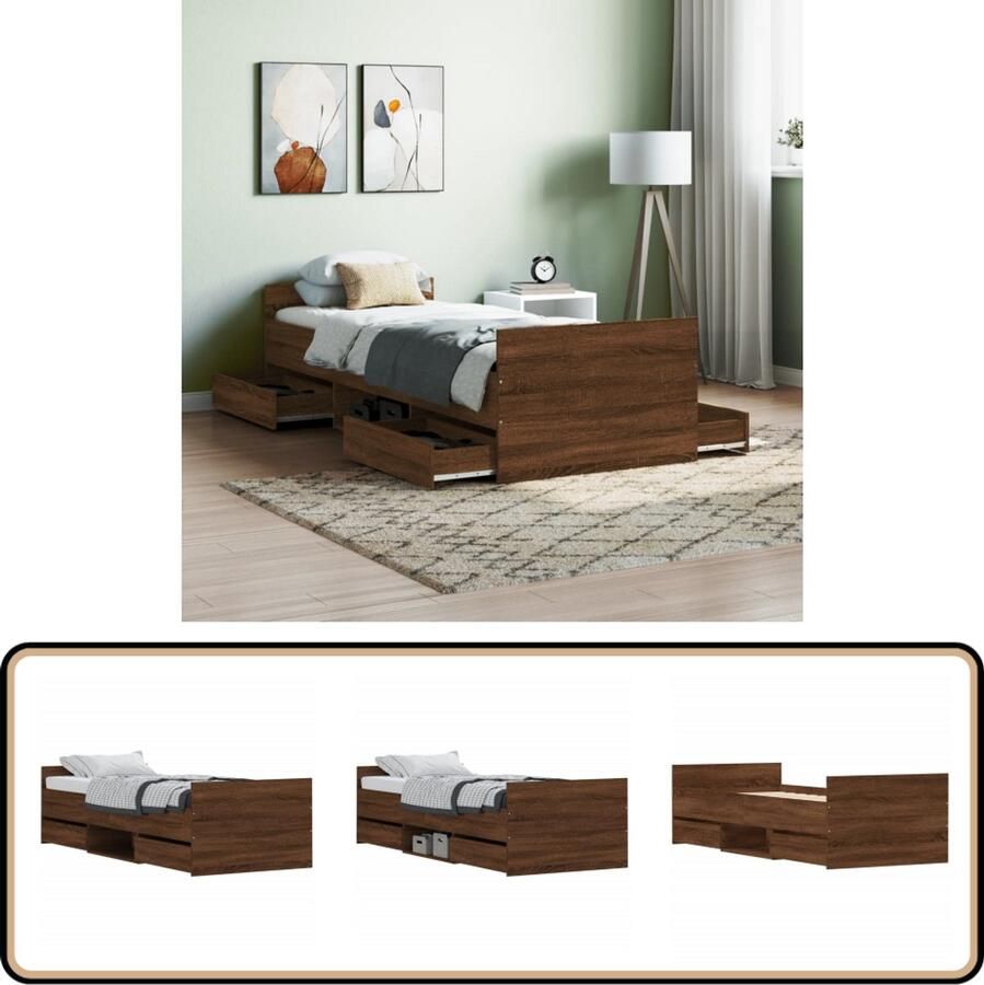 VidaXL Bedframe Bruin Eiken 75x190 cm Bed Frame Houten Bed Tweepersoons Bed Slaapcomfort Bergruimte Design Bed Modern Bed Landelijk Bed