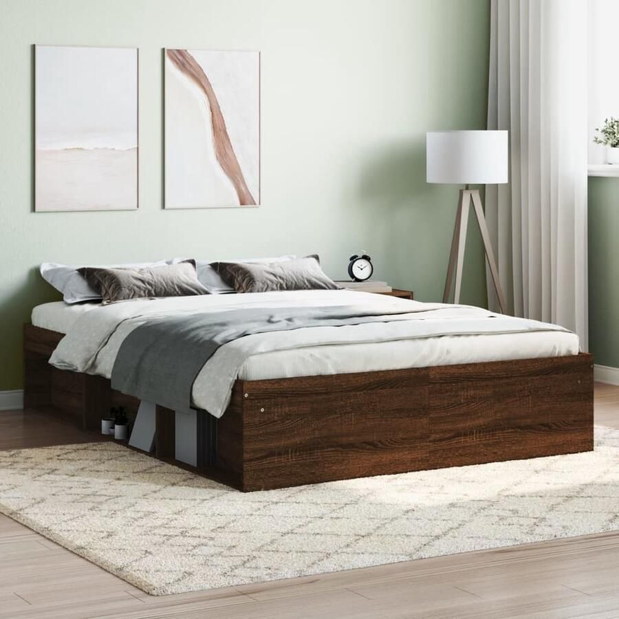 VidaXL Bedframe Bruin eikenkleur 135x190 cm Houten Bedframe Bruine Eiken Kleur Tweepersoons Bed Boxspring Bed Stapelbare Bedbodems - Foto 2