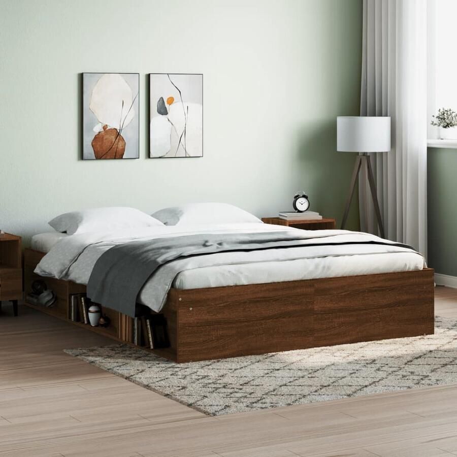 VidaXL Bedframe Bruineiken 160x200 cm Houten Bed Frame Tweepersoons Bed Bruine Eiken Kleur Modern Bed Logeerbed Bed Met Opbergvakken - Foto 2