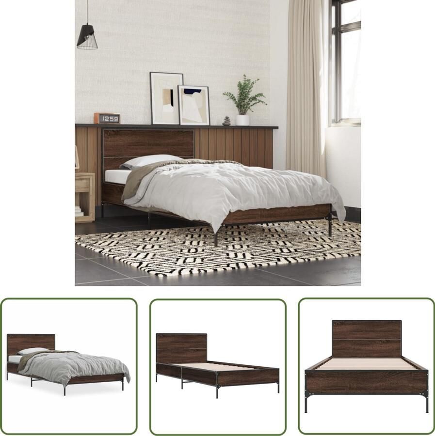 VidaXL Bedframe Bruin Houten Bed Bedframe bewerkt hout en metaal bruin eikenkleurig 75x190 cm Tweepersoonsbed Enkelpersoonlig Bed Vintage Bed