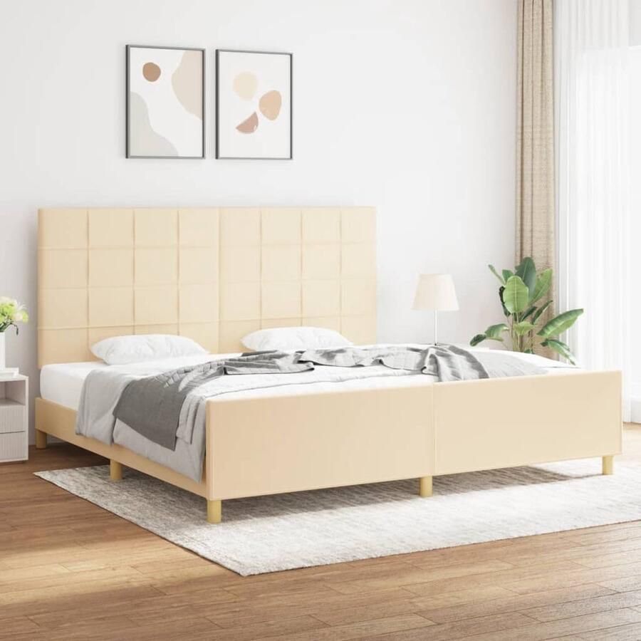 VidaXL Bedframe Crèmekleurig 200x200 cm Zonder matras Bed Frame Boxspring Hoofdeinde Tweepersoonsbed Creme Kleur Houten Bedframe Stapelbed - Foto 2