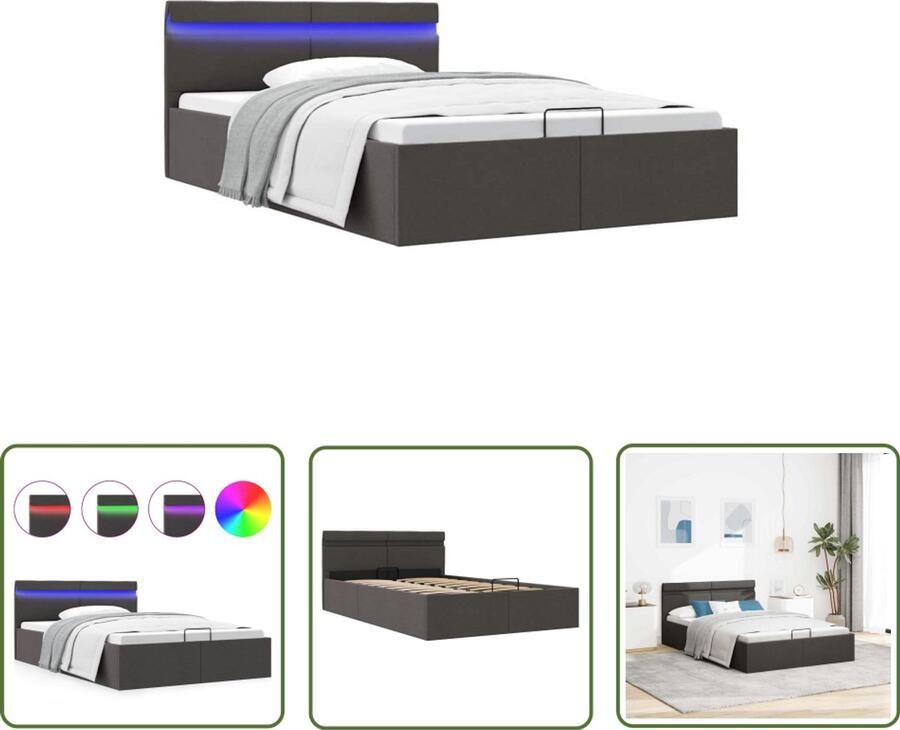 VidaXL Bedframe Donkergrijs 140x200 cm LED & Opbergruimte Donker Grijs Bed Boxspring Bed Led Licht Bed Hydraulisch Bed Opbergbed Tweepersoonsbed Slaapkamers Meubels