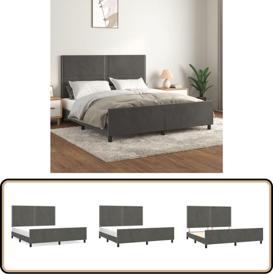 VidaXL Bedframe Fluweel Donkergrijs 180x200 cm Bed Frame Donkere Kleur Fluweel Bed Tweepersoons Bed Boxspring Bed Hoofdeinde Adjustable Headboard Multifunctioneel Bed