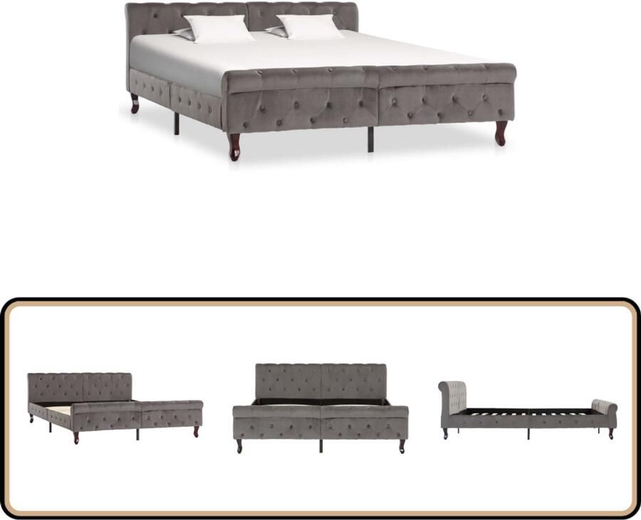 VidaXL Bedframe Fluweel Grijs 160x200 cm Klassieke Bed Frame Tweepersoons Bed Fluweel Bed Grijze Bed Houten Poten Bed