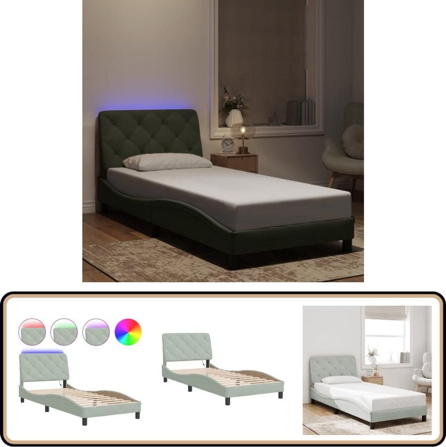 VidaXL Bedframe Fluweel Lichtgrijs 90x190 cm LED Slaapcomfort Fluweel Bed Led Verlichting Bed Hoofdbord Tweepersoons Bed