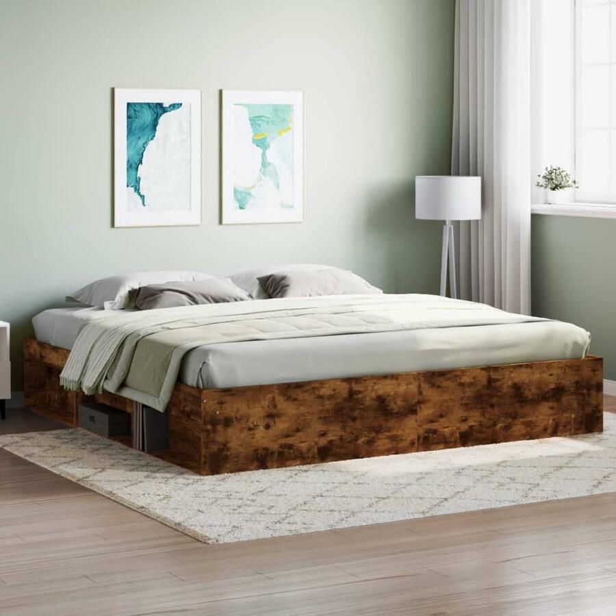 VidaXL Bedframe Gerookt Eiken 200x200 cm Houten Bed Frame Tweepersoons Bed Gerookt Eiken Modern Bed Frame Met Opbergvakken Luxe Bed - Foto 2