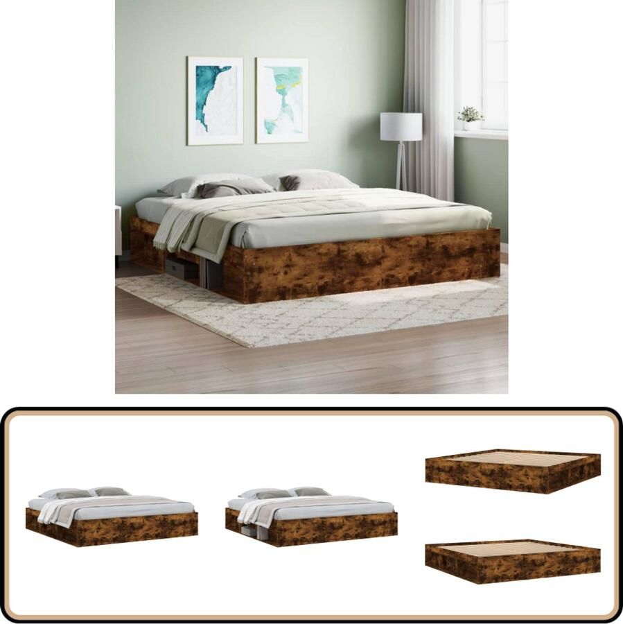 VidaXL Bedframe Gerookt Eiken 200x200 cm Houten Bed Frame Tweepersoons Bed Gerookt Eiken Modern Bed Frame Met Opbergvakken Luxe Bed