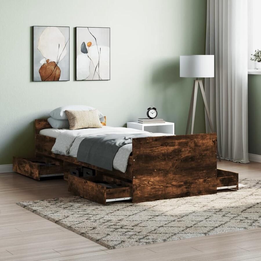 VidaXL Bedframe Gerookt Eiken 75x190 cm Bed Frame Houten Bed Logeerbed Boxspring Tweepersoons Bed Stapelbare Bedden Bruine Bed Design Bed Modern Bed Rustieke Bed - Foto 2