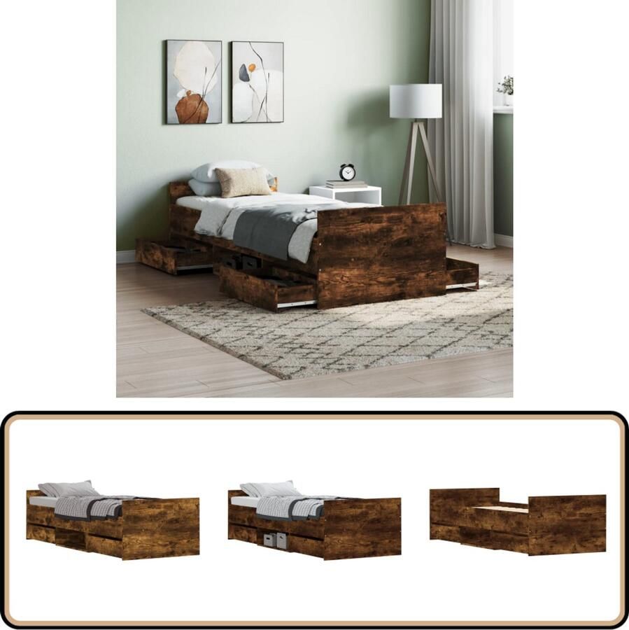 VidaXL Bedframe Gerookt Eiken 75x190 cm Bed Frame Houten Bed Logeerbed Boxspring Tweepersoons Bed Stapelbare Bedden Bruine Bed Design Bed Modern Bed Rustieke Bed