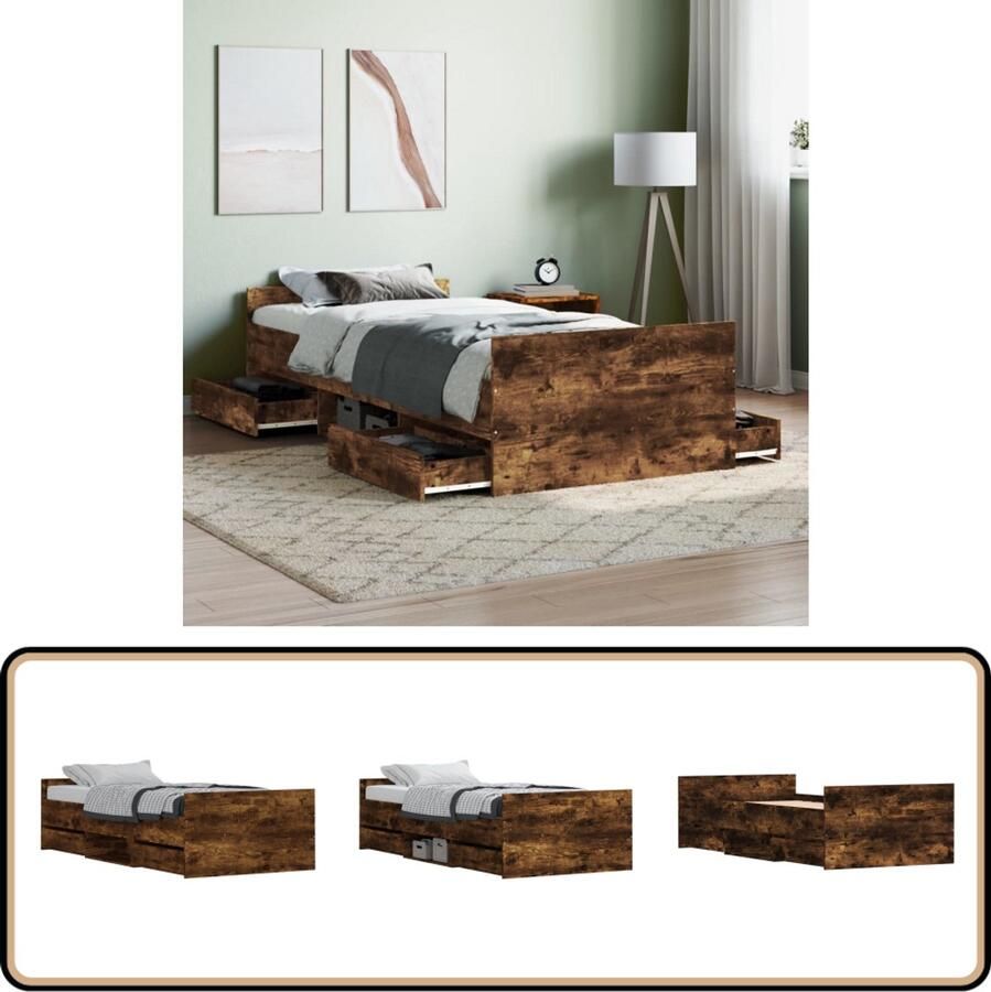 VidaXL Bedframe Gerookt Eiken 90x200 cm Bed Frame Houten Bed Bruine Bedbank Tweepersoons Bed Slaapcomfort Design Bed Boxspring Bed