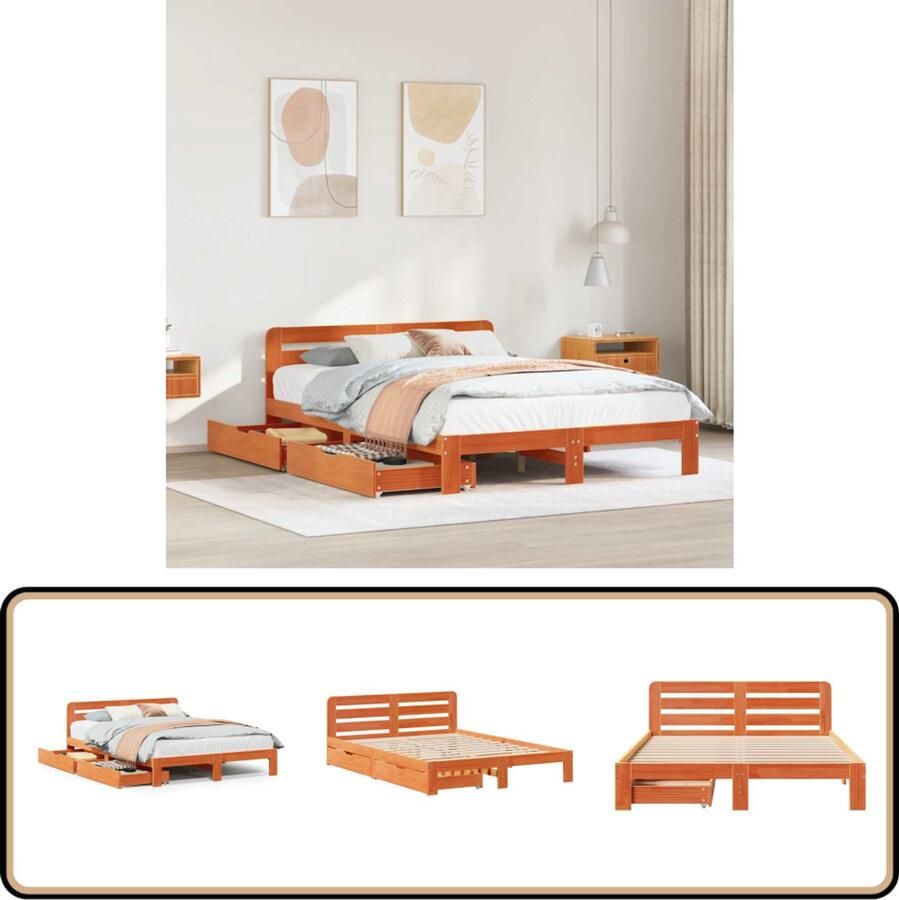 VidaXL Bedframe Grenenhout 135x190 cm Wasbruin Massief Houten Bed Eenpersoonsbed Boxspring Bed Stapelbare Bedbodems Bed Met Laden