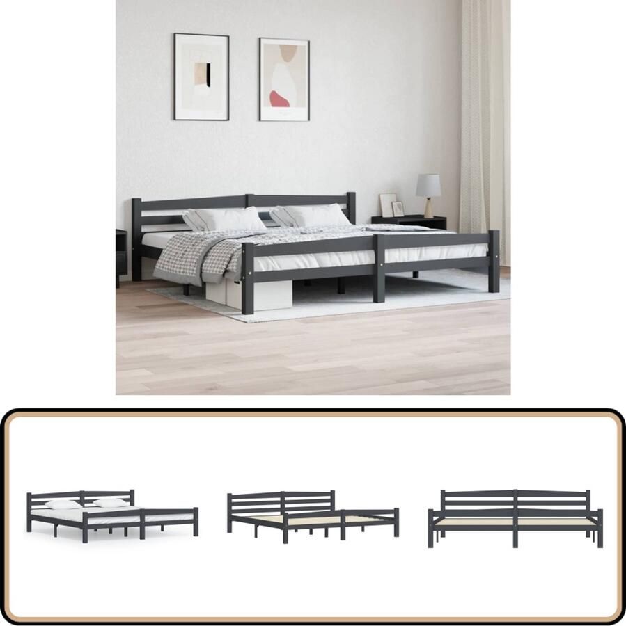 VidaXL Bedframe Grenenhout Donkergrijs 200x200cm Houten Bed Frame Donkere Kleur Tweepersoons Bed Massief Hout Grenenhout Bed Modern Design Slaapcomfort Montage Benodigd