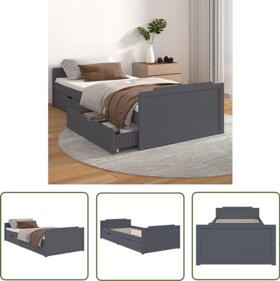 VidaXL Bedframe Grenenhout Donkergrijs 90x200 cm Bed Frame Houten Bed Grenenhouten Bed Donkere Kleuren Tweepersoons Bed Slaapkamers Meubels