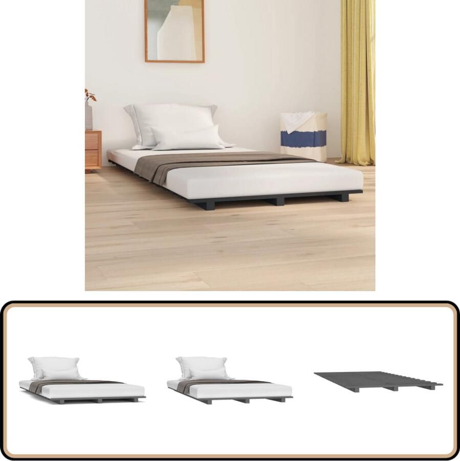 The Living Store Bedframe massief grenenhout grijs 90x200 cm Houten Bedframe Grenenhout Bedframe Enkelbed Grijs Bedframe Stapelbare Bedbodems - Foto 2