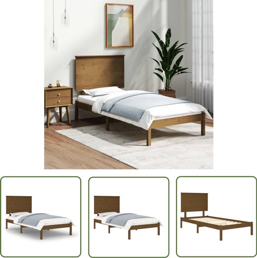 VidaXL Bedframe Grenenhout Honingbruin 100x200 cm Houten Bed Frame Massief Grenenhout Tweepersoons Bed Bedframe Bruin Modern Bed Hoofdeinde Slatted Base