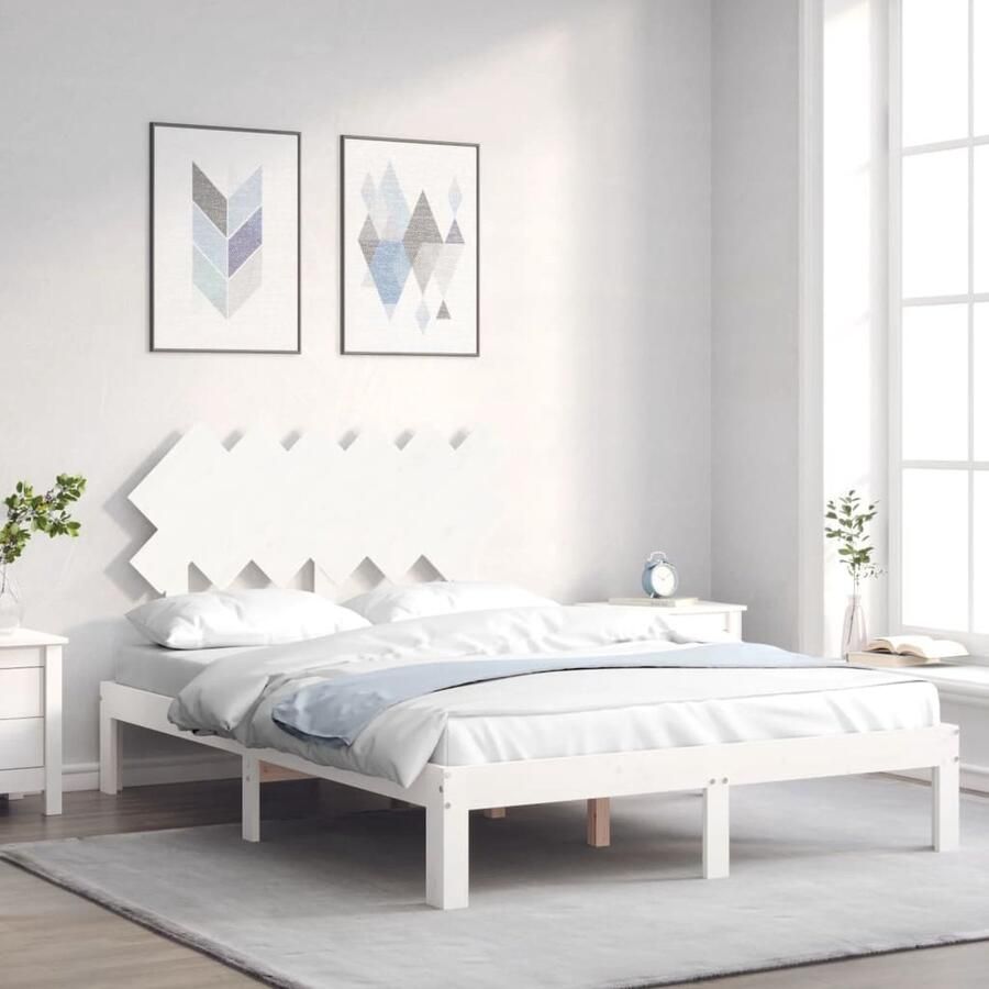 VidaXL Bedframe Grenenhout Wit 120x200 cm Slaapkamerinrichting Bed Frame Tweepersoonsbed Hout Bed Grenenhouten Bed Witte Bed Met Hoofdbord - Foto 2