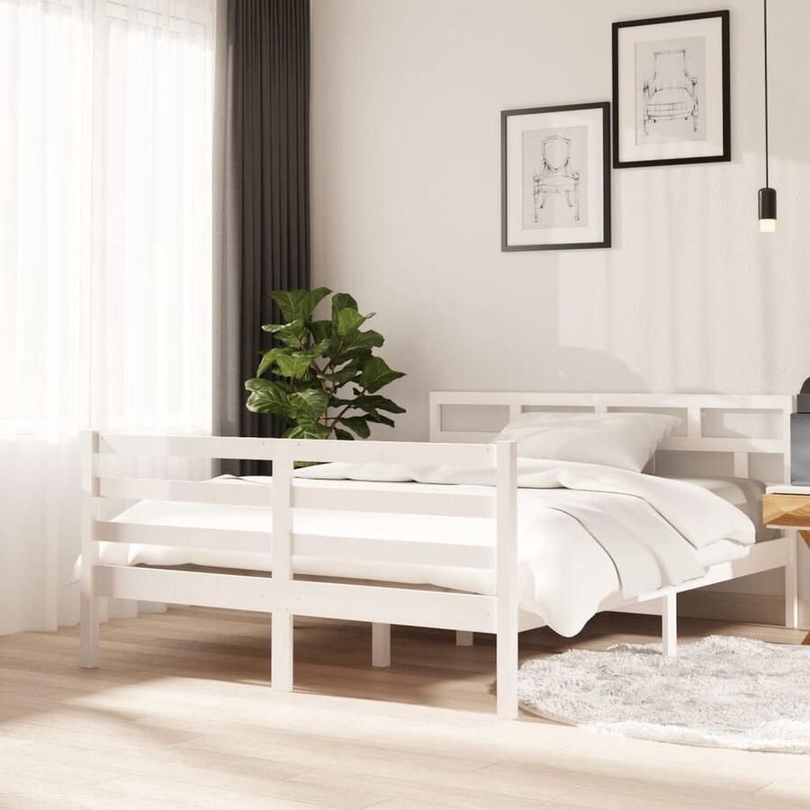 VidaXL Bedframe Grenenhout Wit 140x190 cm Houten Bed Frame Massief Grenenhout Bedframe Witte Bedframe Modern Bedframe Eenpersoons Bedframe 140x190 Bedframe Met Lattenbodem - Foto 2