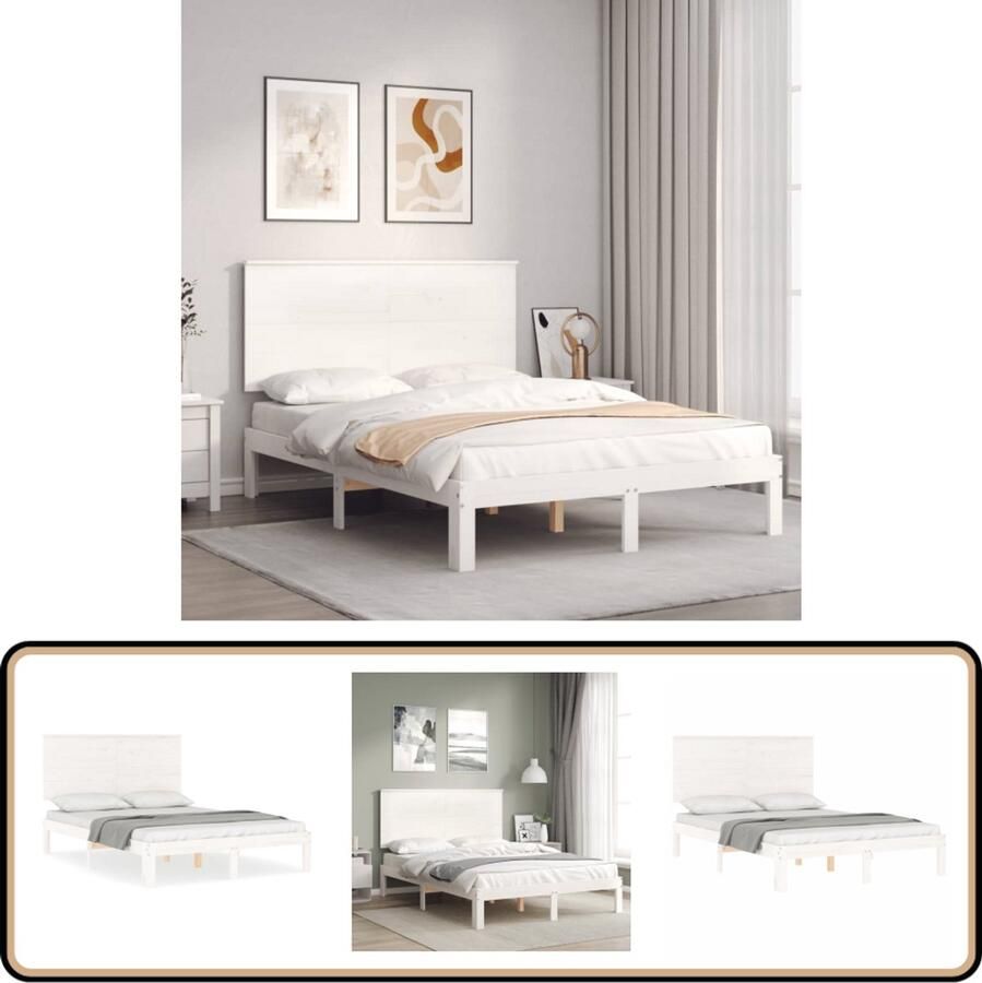 VidaXL Bedframe Grenenhout Wit 140x190 cm Scandinavisch Bed Frame Massief Hout Bed Grenenhout Bed Witte Bed Tweepersoons Bed