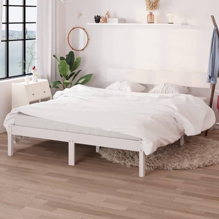 VidaXL Bedframe Grenenhout Wit 140x200 cm Bed Frame Houten Bed Tweepersoonsbed Grenenhout Bed Wit Bed Met Hoofdeinde - Foto 2